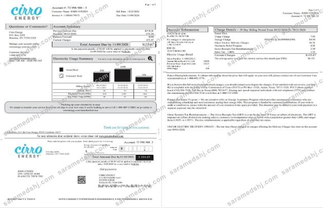 USA Texas Cirro Energy utility bill template in Word and PDF format (3 pages) 1 2